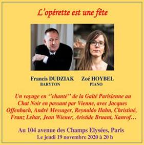 Concert lyrique « L’Opérette est une fête »le 19 novembre, 104 ave. des Champs-Elysées