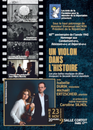 Concert « Un Violon dans l’Histoire » le mercredi 23 novembre 2022 – Salle Cortot Paris 17ème présenté par Les Amis de la  Fondation pour la Mémoire de la Déportation